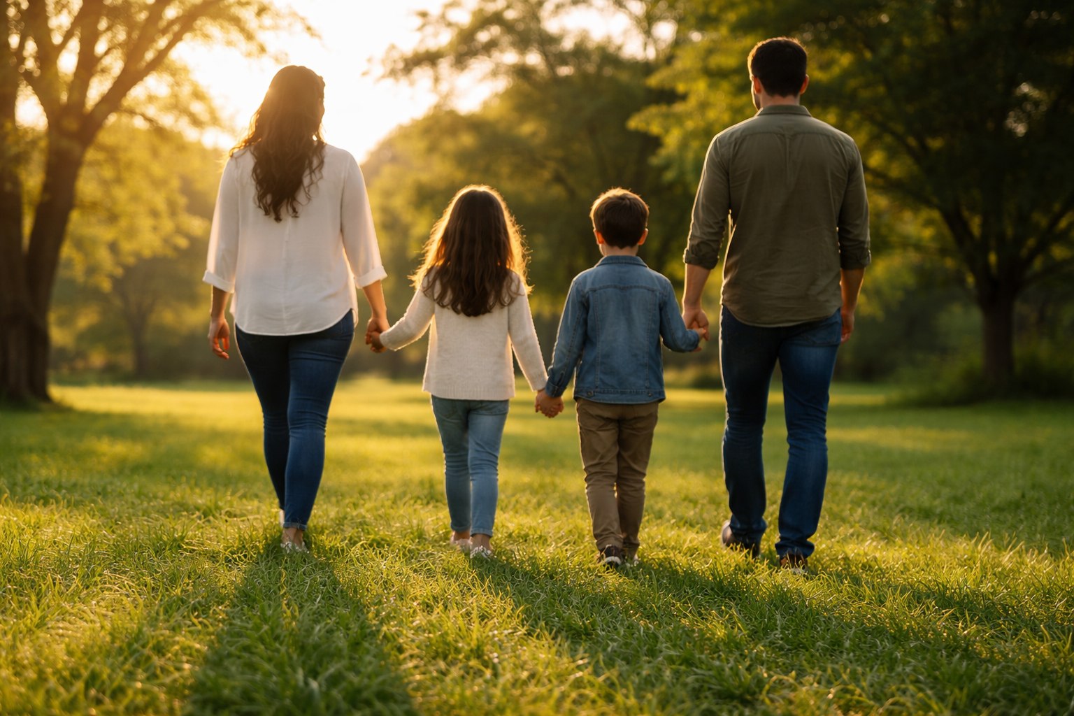 Fam&iacute;lia caminhando junta ao ar livre