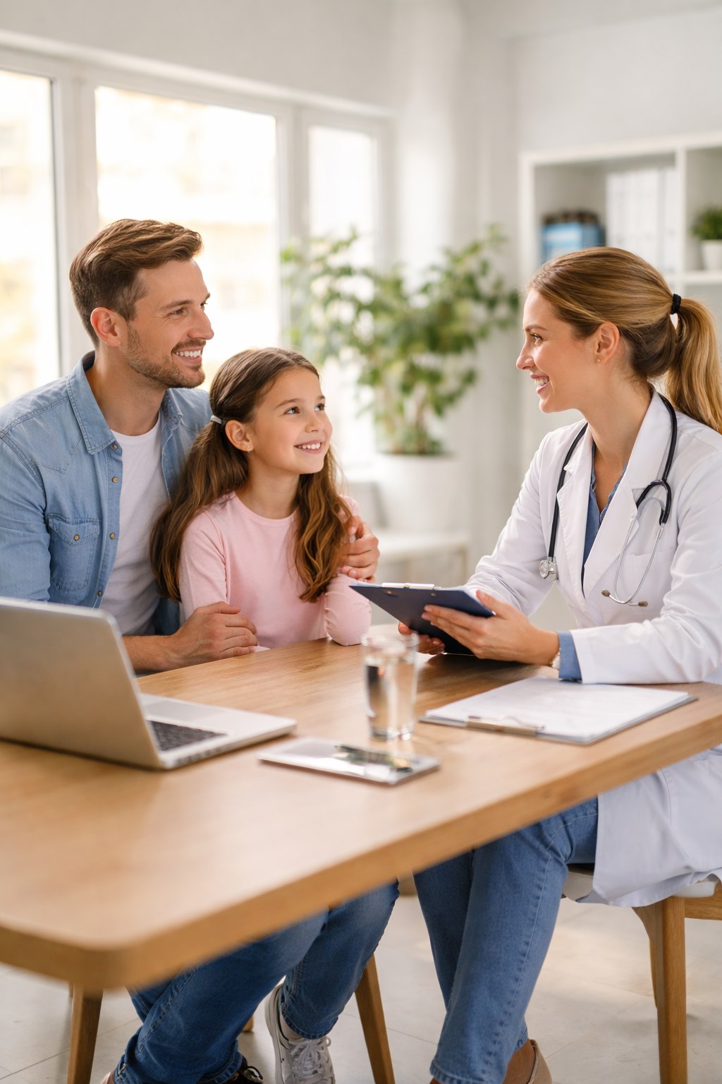 Fam&iacute;lia em consulta com m&eacute;dica durante atendimento em sa&uacute;de